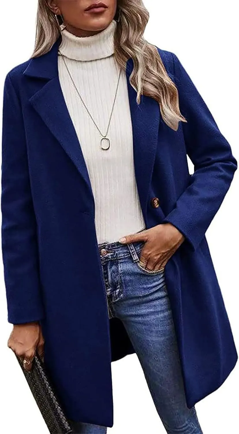 Lastesso Women's Solid Long Sleeve Trench Coat Open Front Loose Fit Cardigans Plaid Lapel Notched Collar Outerwear Comfy Coat