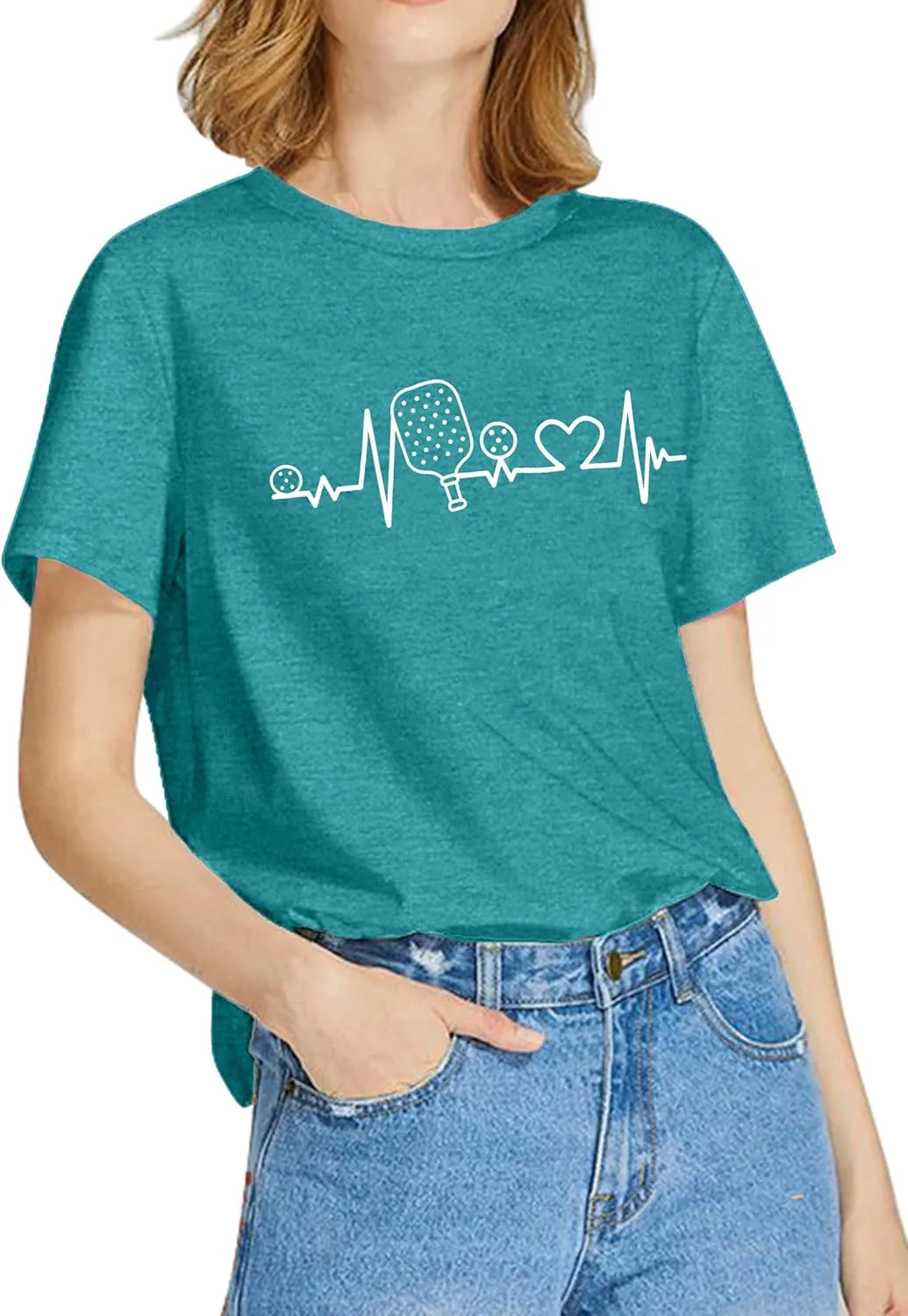 LAZYCHILD Pickleball Shirts Women Heartbeat Graphic T-Shirt for Pickleball Lover Gift Shirt