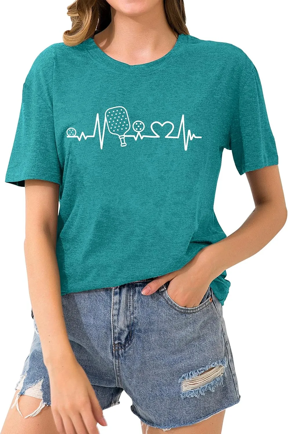 LAZYCHILD Pickleball Shirts Women Heartbeat Graphic T-Shirt for Pickleball Lover Gift Shirt