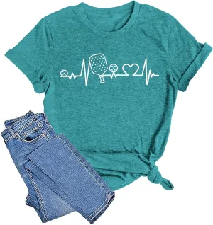 LAZYCHILD Pickleball Shirts Women Heartbeat Graphic T-Shirt for Pickleball Lover Gift Shirt