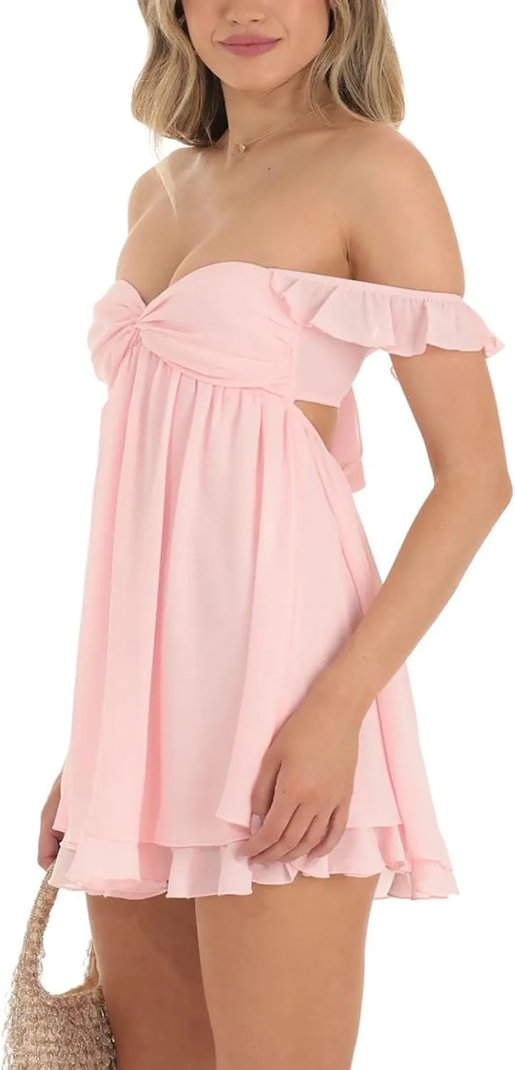 lisenraIn Ruffle Sleeve Dress for Women Y2K Flowy Mini Dress Beach Party Summer Sexy Short Backless Sundress