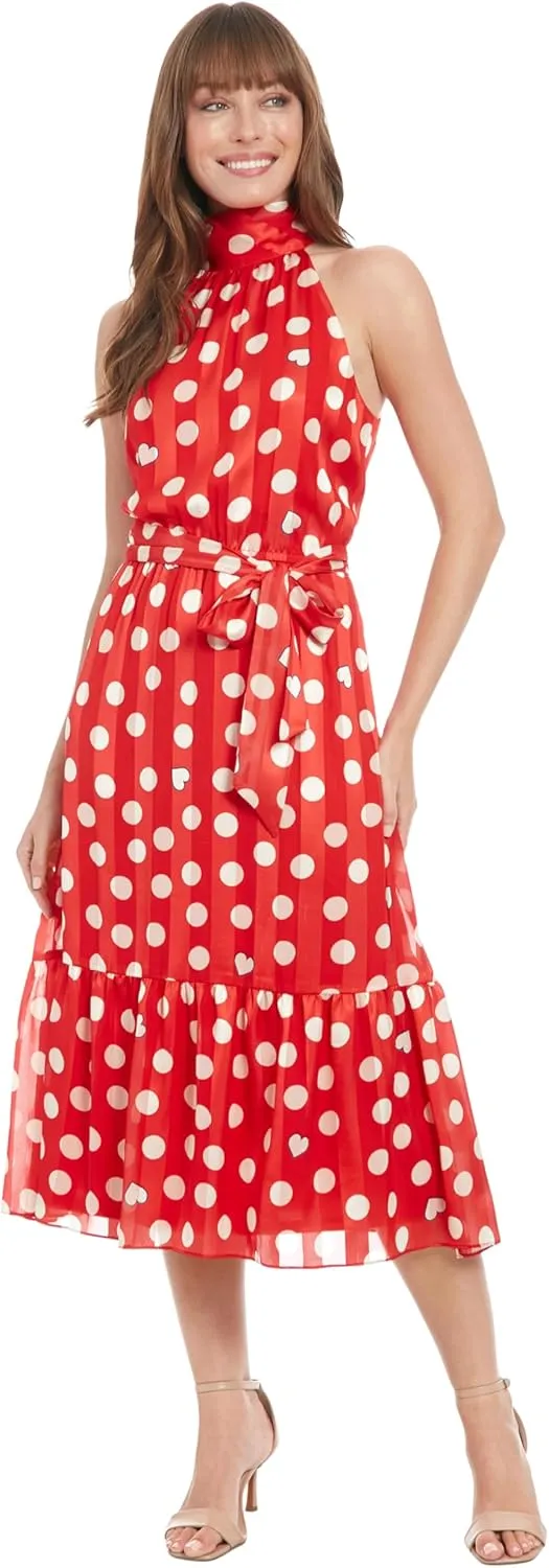 London Times Women's Elastic Waist Halter Dress with Tier and Sash