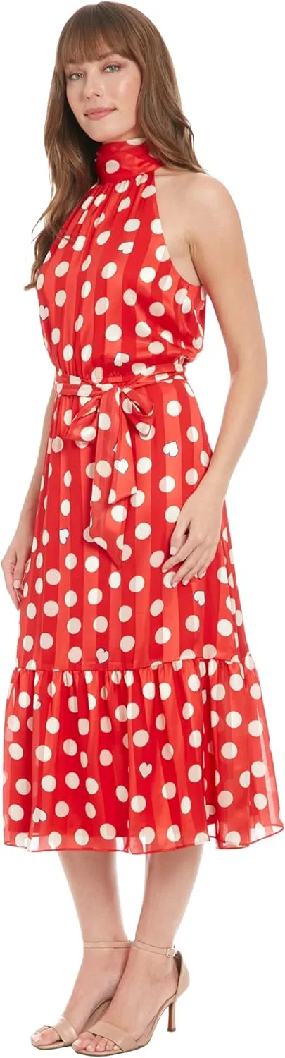 London Times Women's Elastic Waist Halter Dress with Tier and Sash