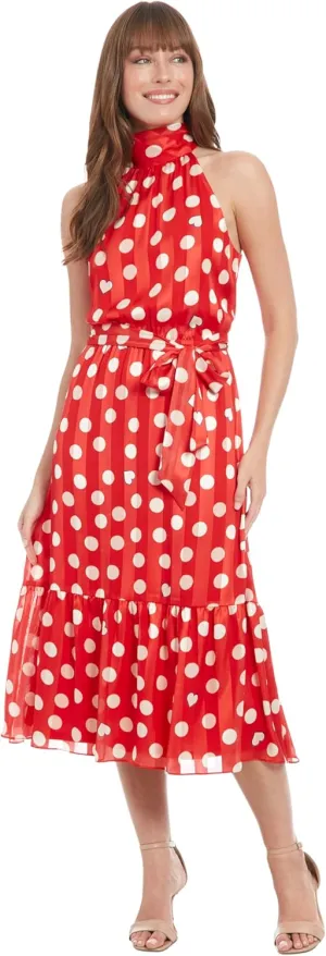 London Times Women's Elastic Waist Halter Dress with Tier and Sash