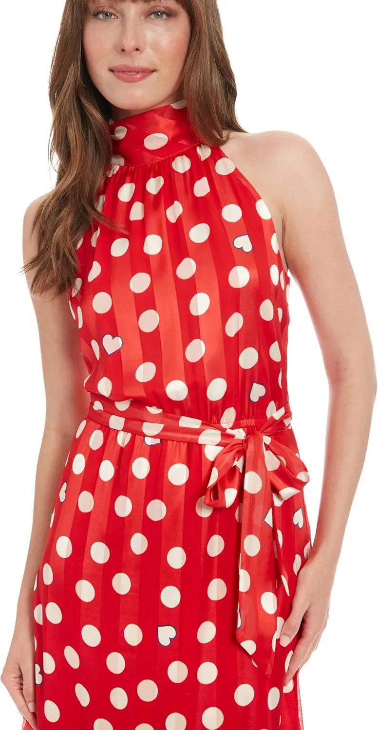 London Times Women's Elastic Waist Halter Dress with Tier and Sash