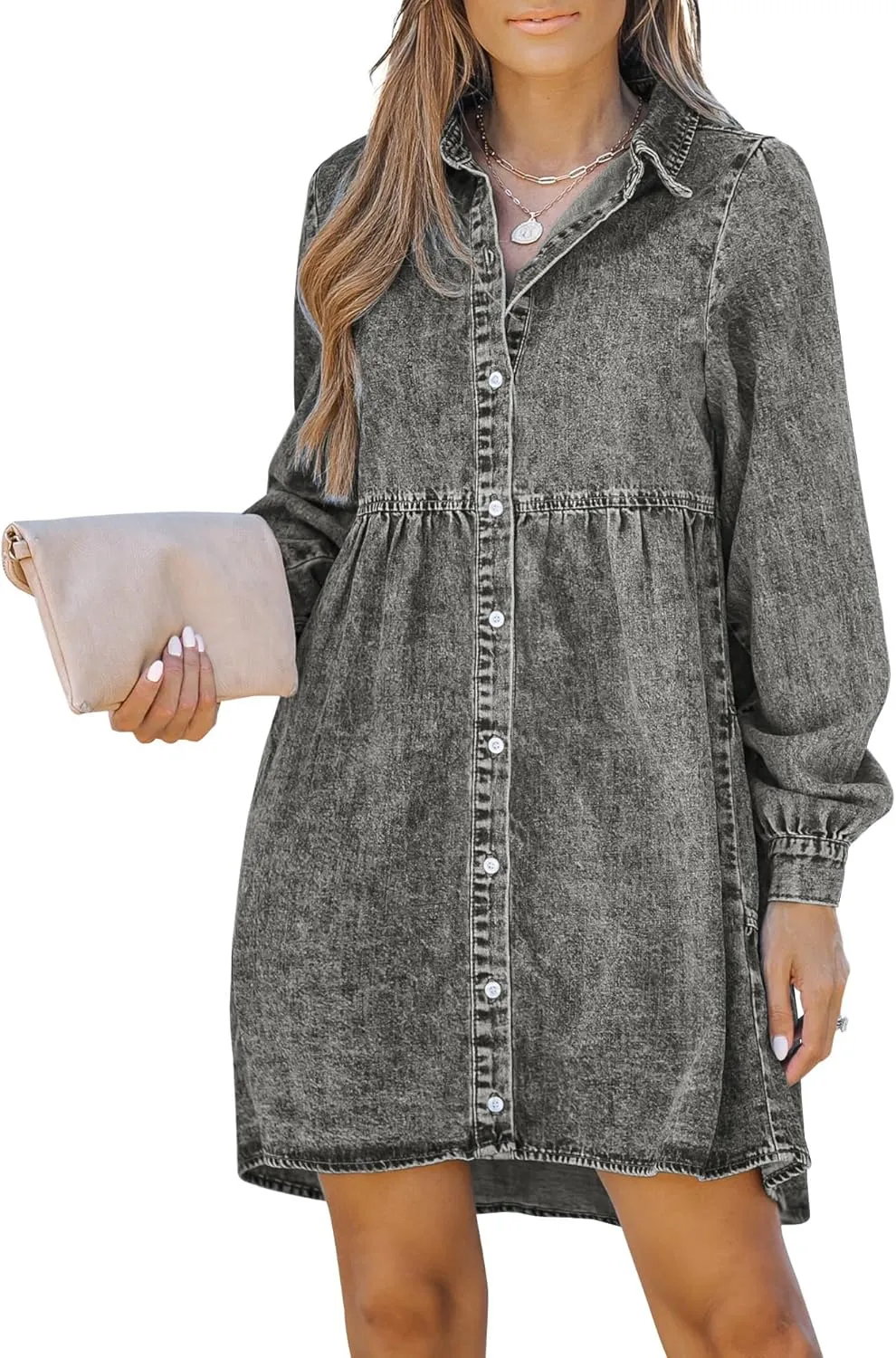 LookbookStore Long Sleeve Denim Dress for Women Jean Dress Button Down Casual Babydoll Denim Shirt Dress