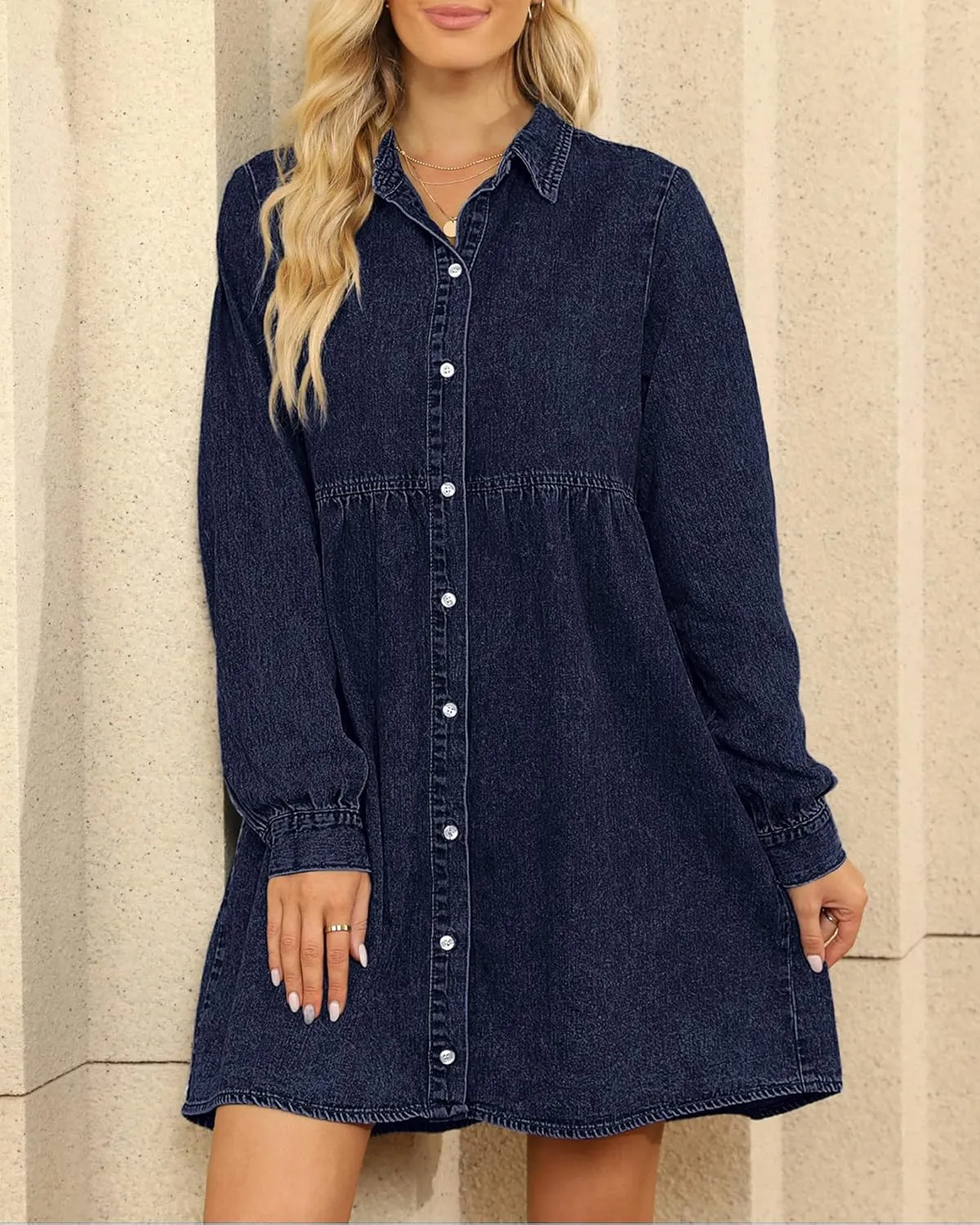 LookbookStore Long Sleeve Denim Dress for Women Jean Dress Button Down Casual Babydoll Denim Shirt Dress