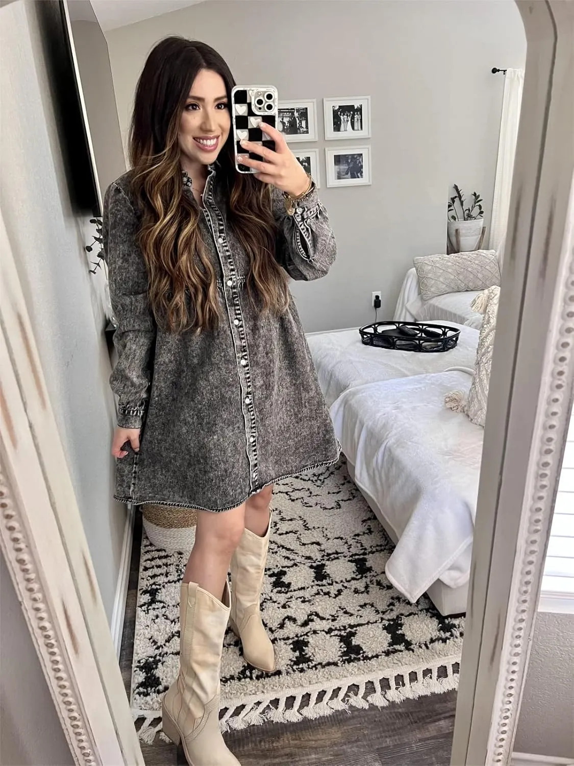 LookbookStore Long Sleeve Denim Dress for Women Jean Dress Button Down Casual Babydoll Denim Shirt Dress