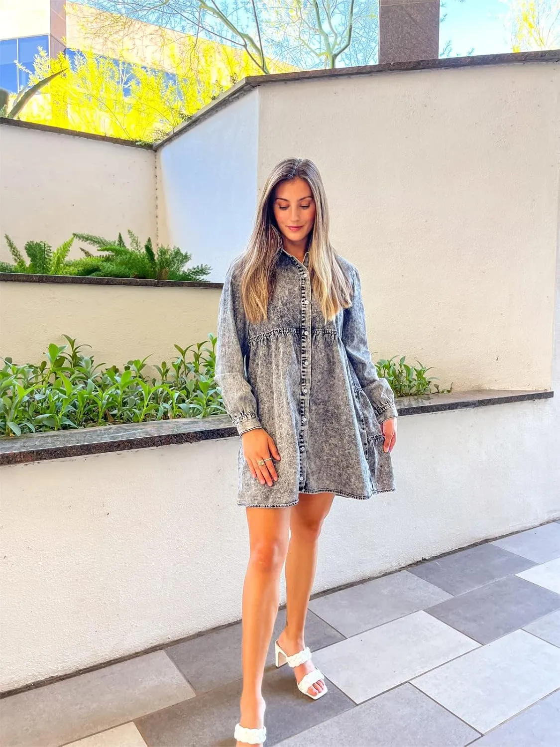 LookbookStore Long Sleeve Denim Dress for Women Jean Dress Button Down Casual Babydoll Denim Shirt Dress