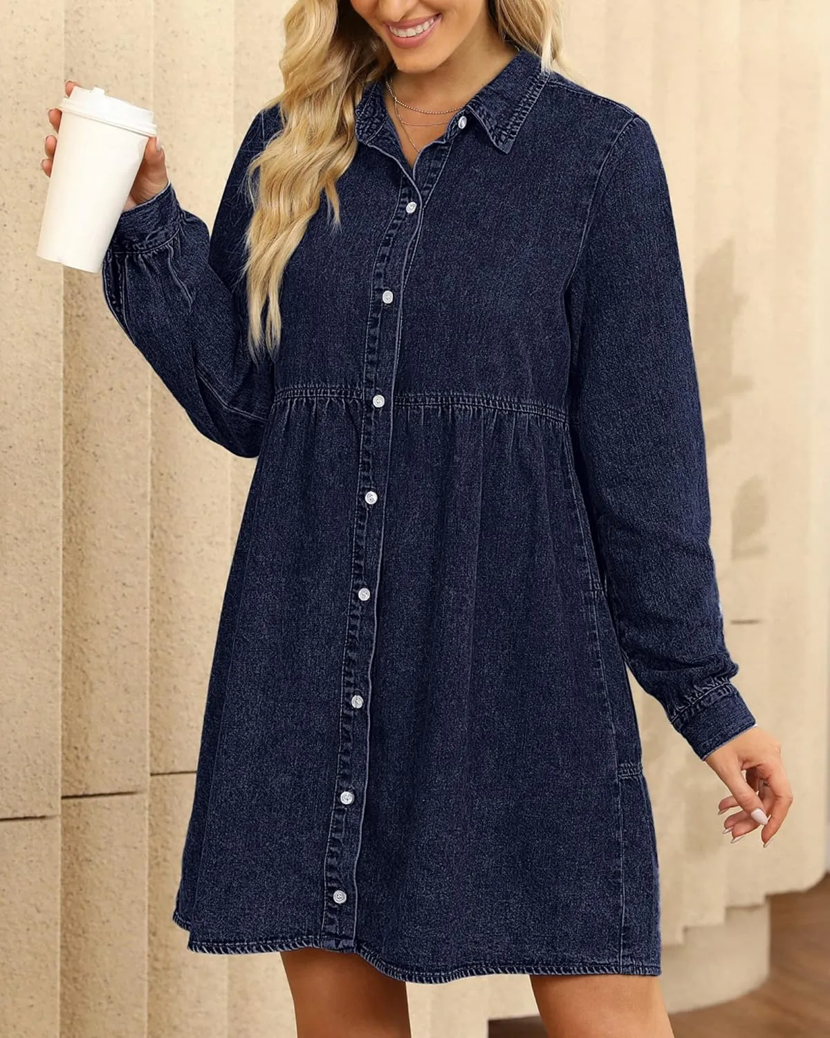 LookbookStore Long Sleeve Denim Dress for Women Jean Dress Button Down Casual Babydoll Denim Shirt Dress