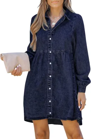 LookbookStore Long Sleeve Denim Dress for Women Jean Dress Button Down Casual Babydoll Denim Shirt Dress