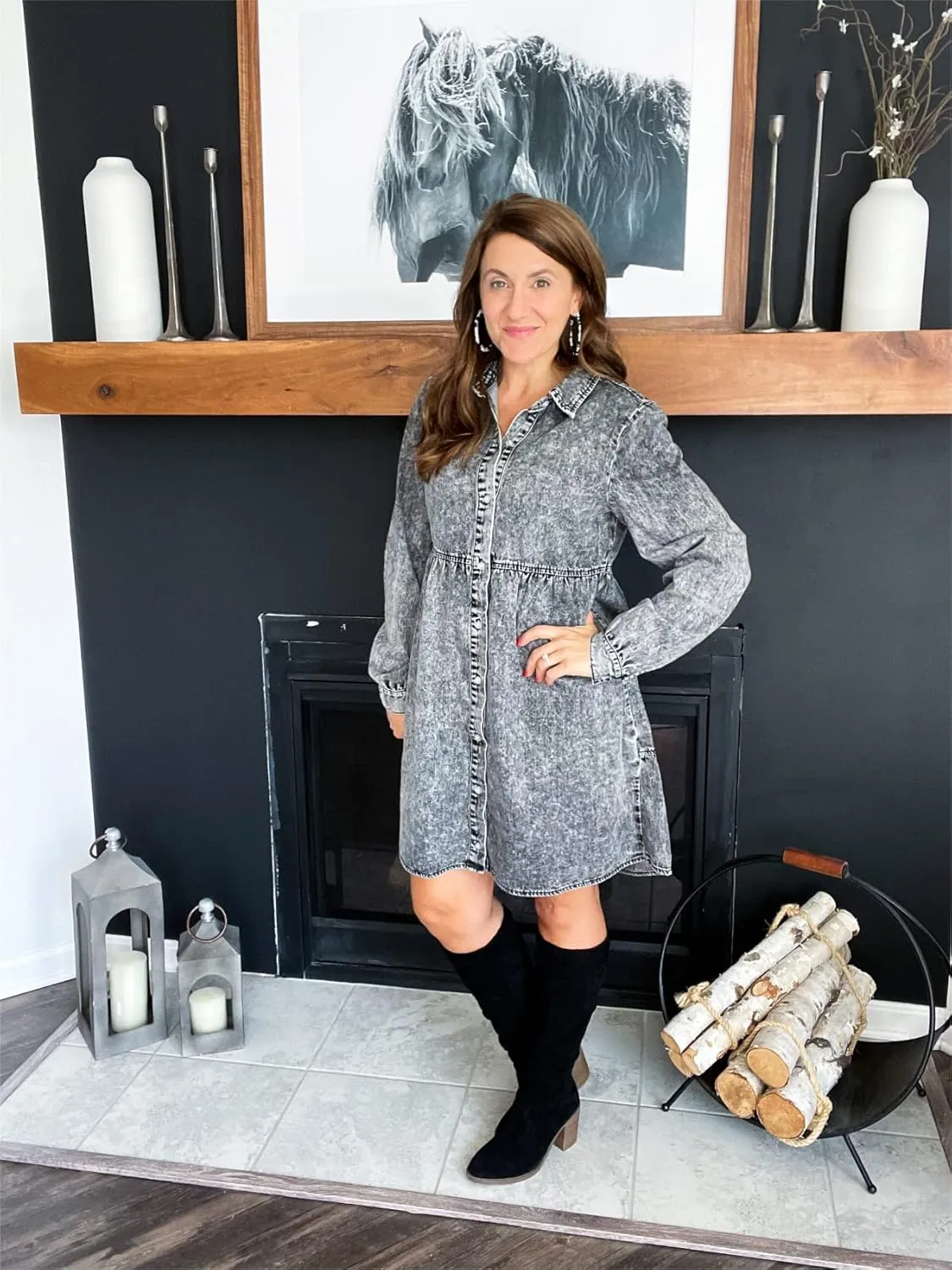 LookbookStore Long Sleeve Denim Dress for Women Jean Dress Button Down Casual Babydoll Denim Shirt Dress