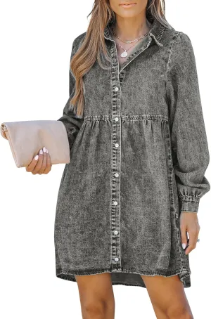 LookbookStore Long Sleeve Denim Dress for Women Jean Dress Button Down Casual Babydoll Denim Shirt Dress