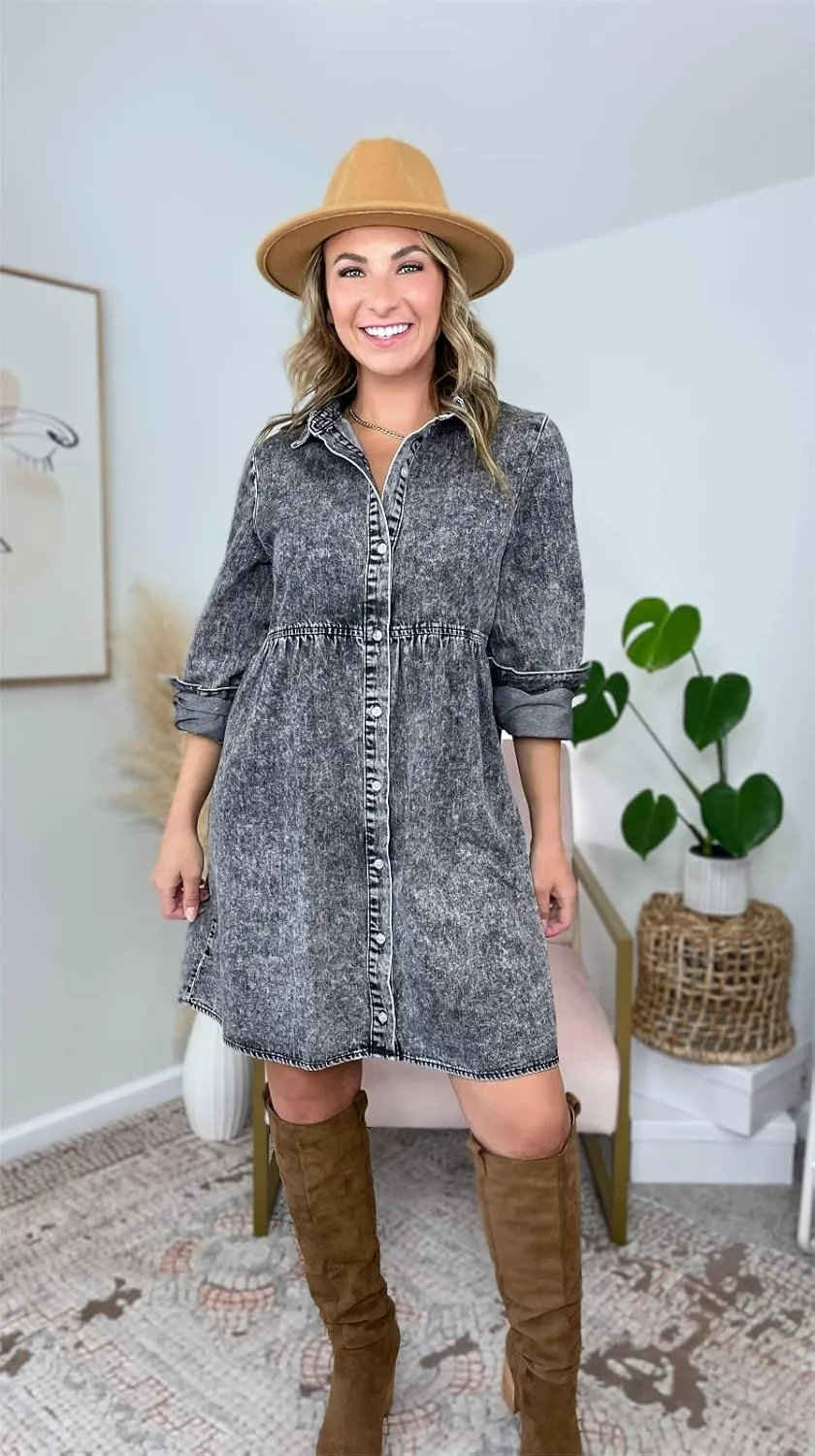 LookbookStore Long Sleeve Denim Dress for Women Jean Dress Button Down Casual Babydoll Denim Shirt Dress