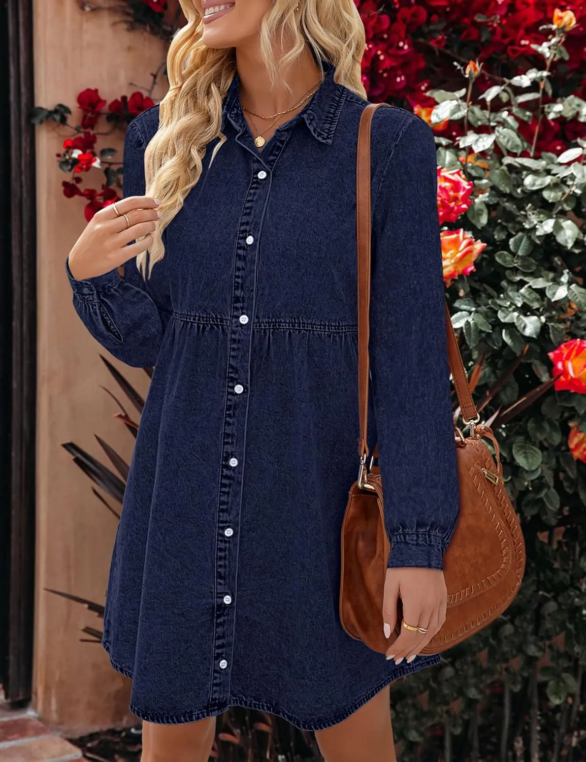 LookbookStore Long Sleeve Denim Dress for Women Jean Dress Button Down Casual Babydoll Denim Shirt Dress