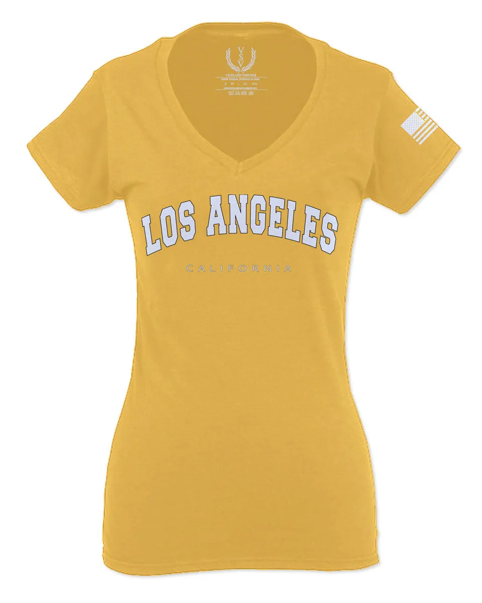 Los Angeles California Cali LA Retro Fonts For Women V neck fitted T Shirt