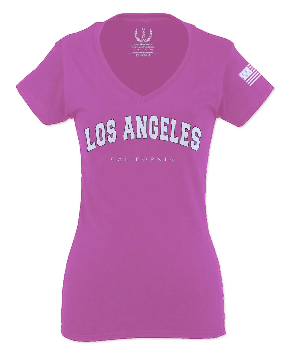 Los Angeles California Cali LA Retro Fonts For Women V neck fitted T Shirt