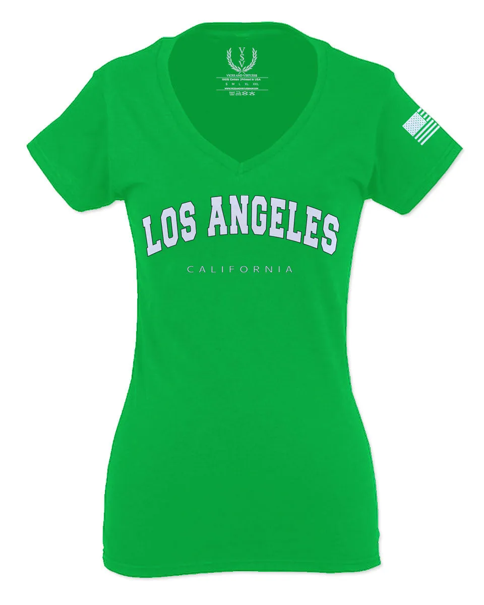 Los Angeles California Cali LA Retro Fonts For Women V neck fitted T Shirt