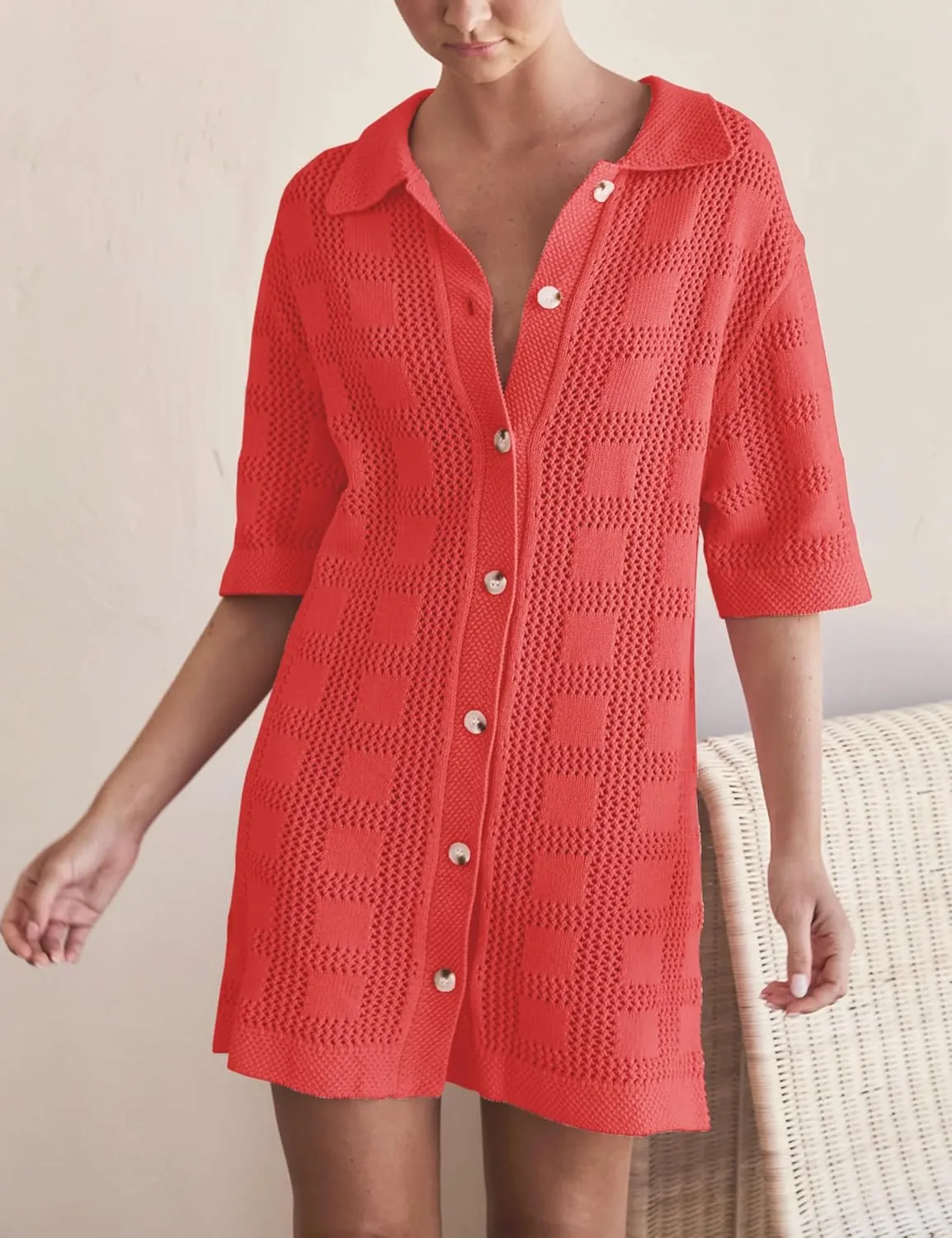 Lumister Summer Knit Shirt Dress for Women Crochet Button Front Shirt Dress Cover Up Bathing Suit Swimwear Knit Beach Dress