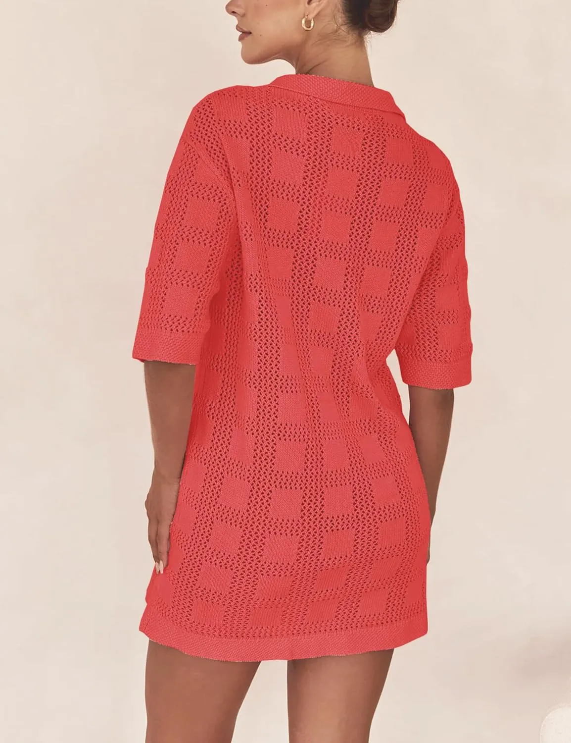 Lumister Summer Knit Shirt Dress for Women Crochet Button Front Shirt Dress Cover Up Bathing Suit Swimwear Knit Beach Dress