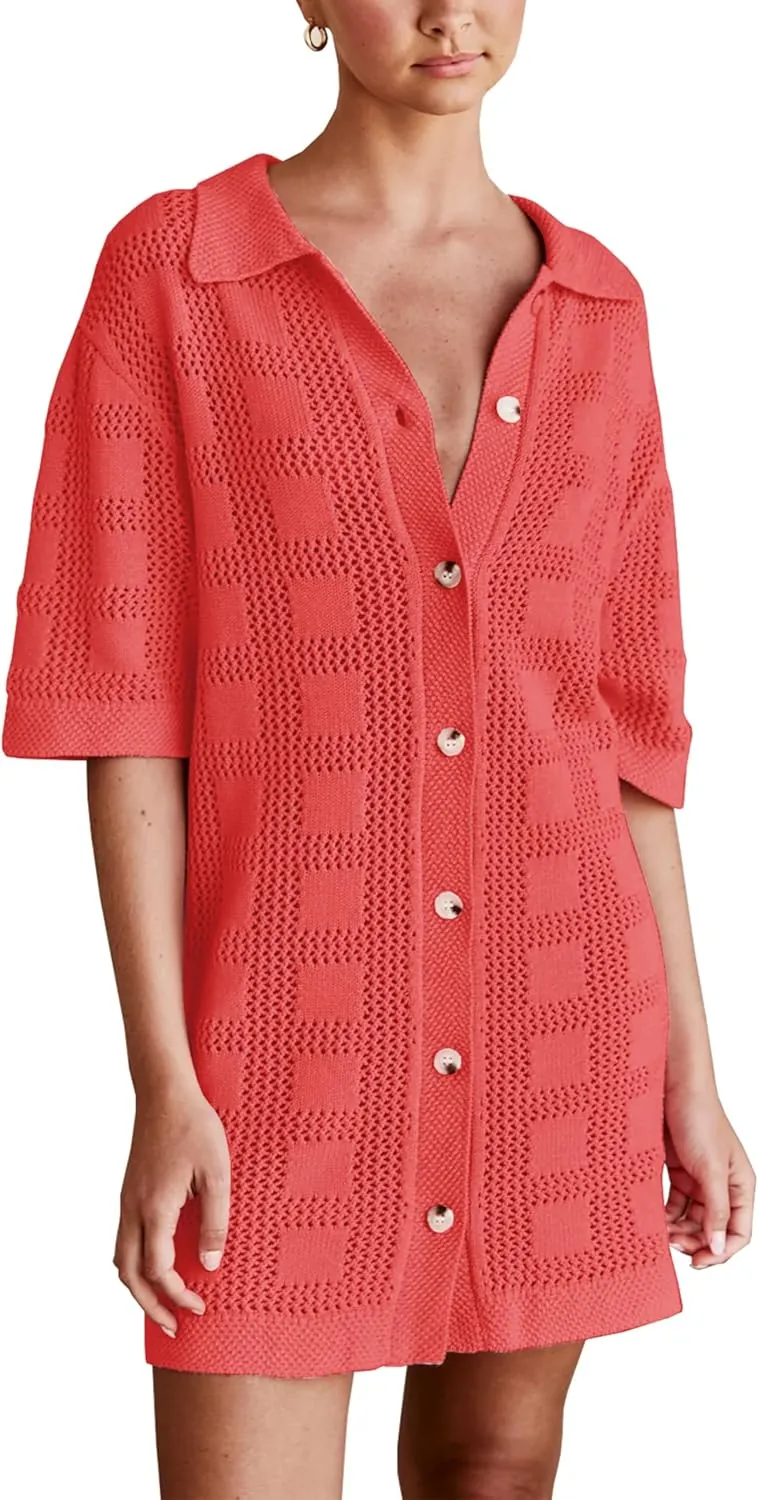 Lumister Summer Knit Shirt Dress for Women Crochet Button Front Shirt Dress Cover Up Bathing Suit Swimwear Knit Beach Dress
