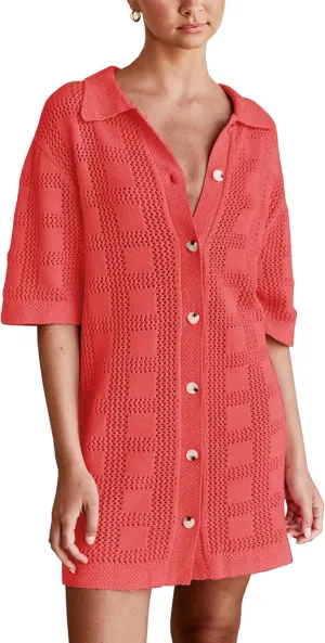 Lumister Summer Knit Shirt Dress for Women Crochet Button Front Shirt Dress Cover Up Bathing Suit Swimwear Knit Beach Dress