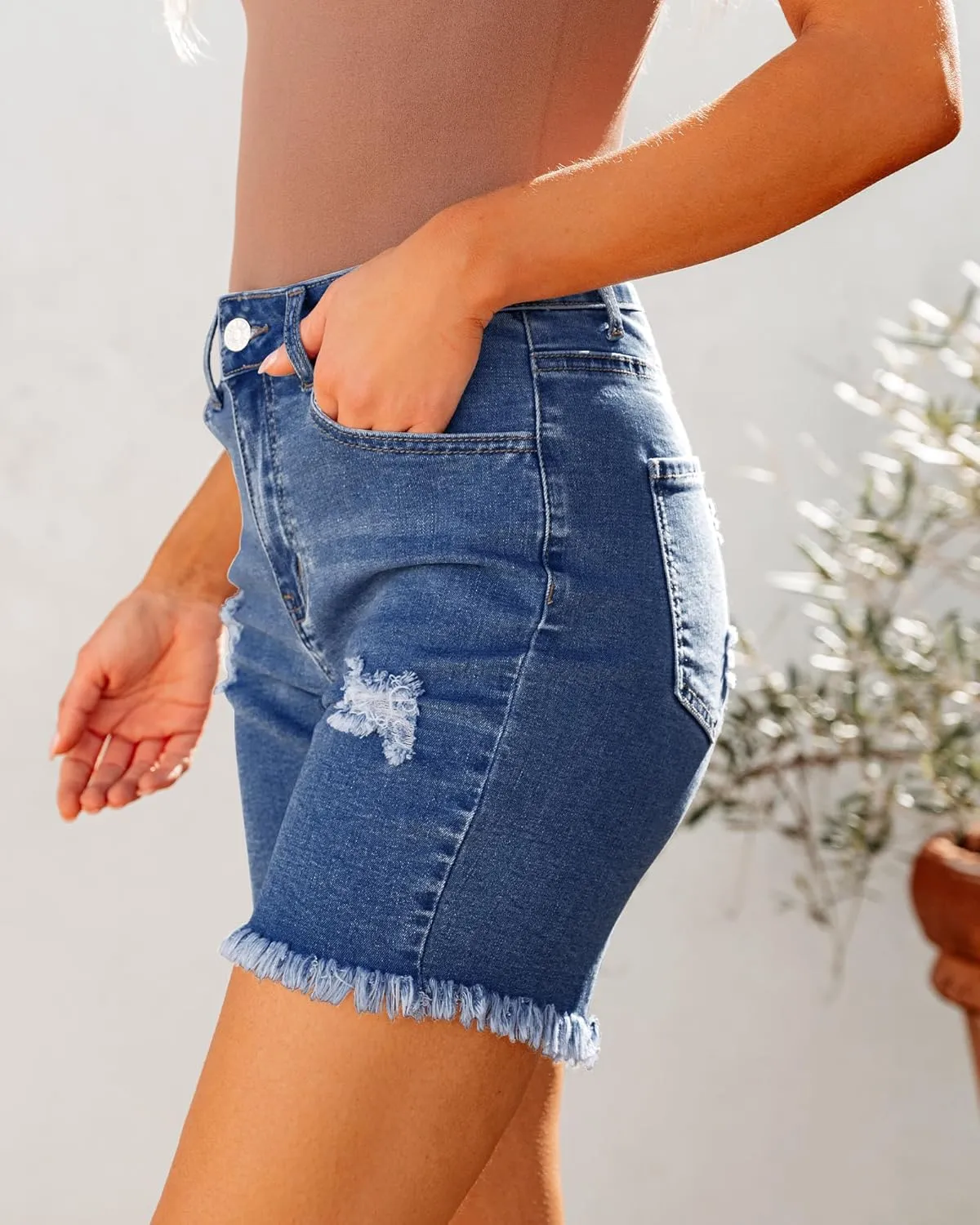 luvamia Jean Shorts for Women High Waisted Trendy Casual Distressed Stretchy Denim Long Shorts Ripped Raw Hem Shorts