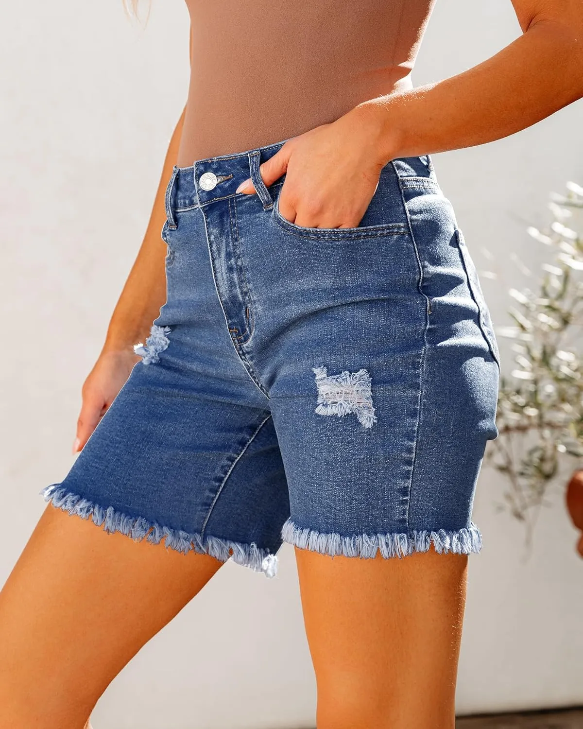 luvamia Jean Shorts for Women High Waisted Trendy Casual Distressed Stretchy Denim Long Shorts Ripped Raw Hem Shorts