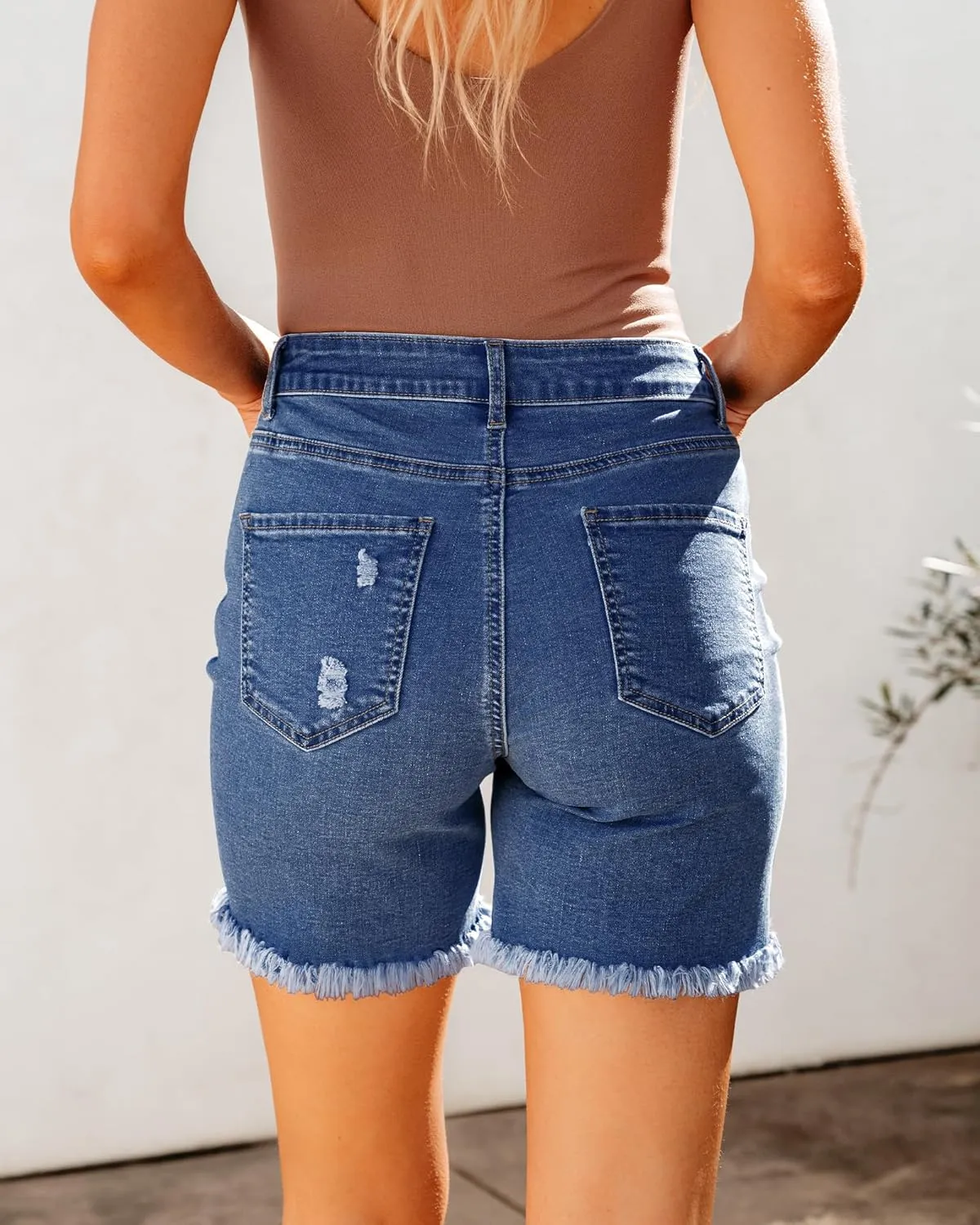 luvamia Jean Shorts for Women High Waisted Trendy Casual Distressed Stretchy Denim Long Shorts Ripped Raw Hem Shorts