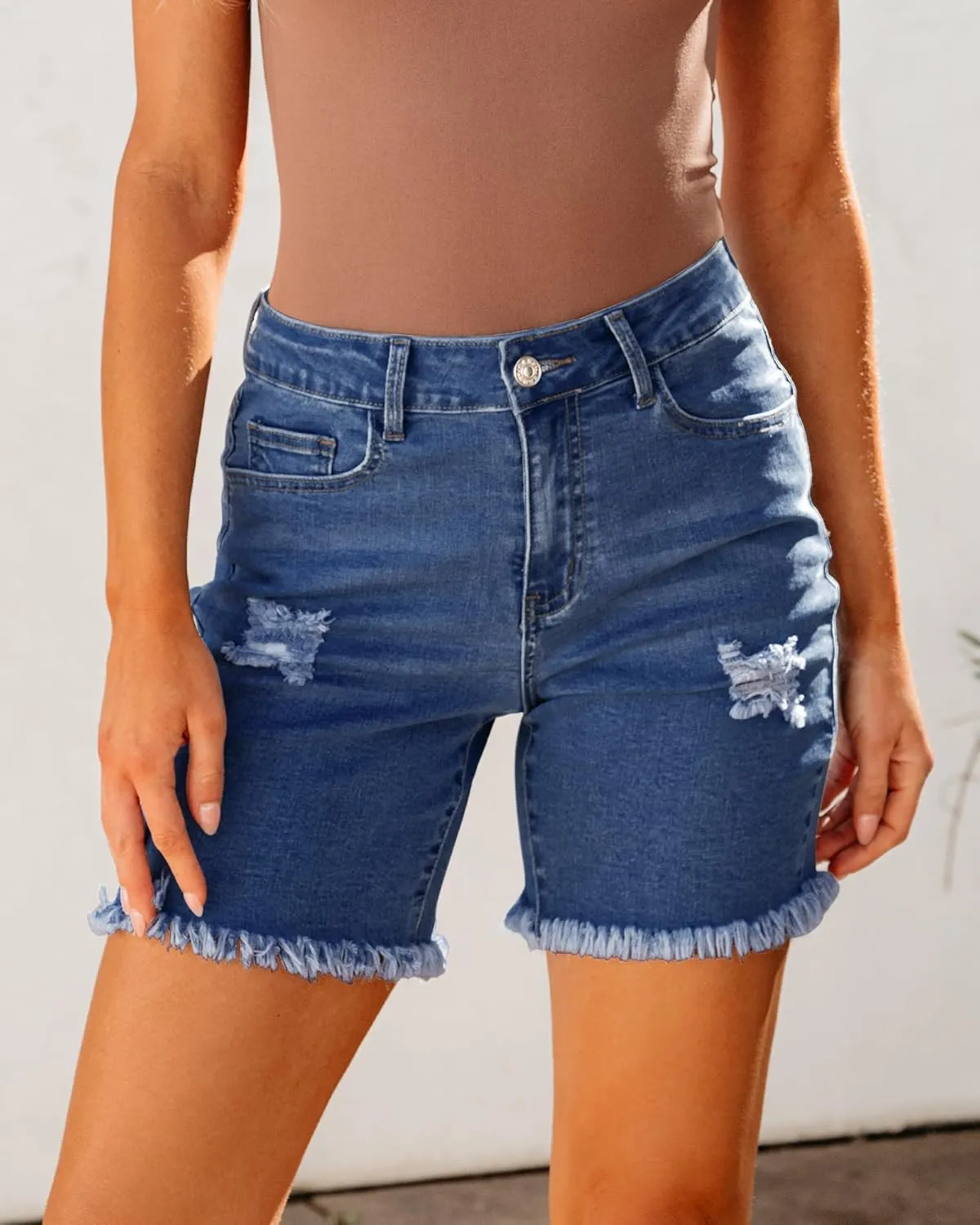 luvamia Jean Shorts for Women High Waisted Trendy Casual Distressed Stretchy Denim Long Shorts Ripped Raw Hem Shorts