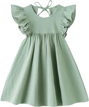 lymanchi Toddler Girl Ruffled Sleeve Dress Cotton Linen Halter Sleeveless Kid Casual Summer Sundress