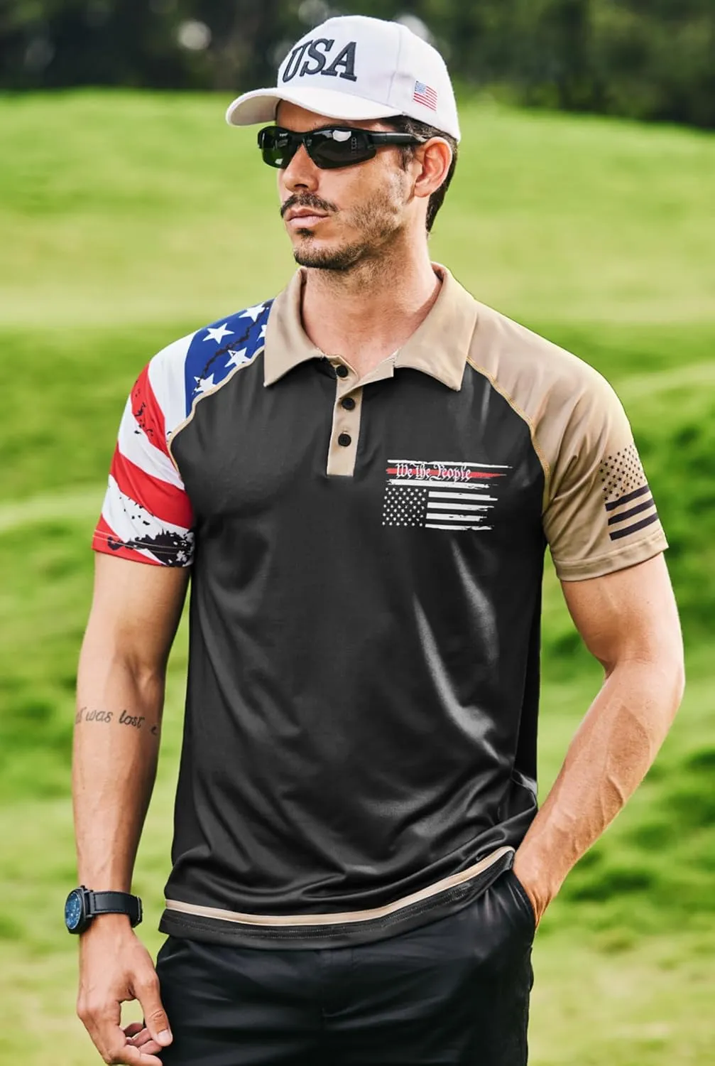 Mainfini Men's Short Sleeve Golf Shirt 1776 USA Flag Graphic Button Polo Shirt (S-3XL)