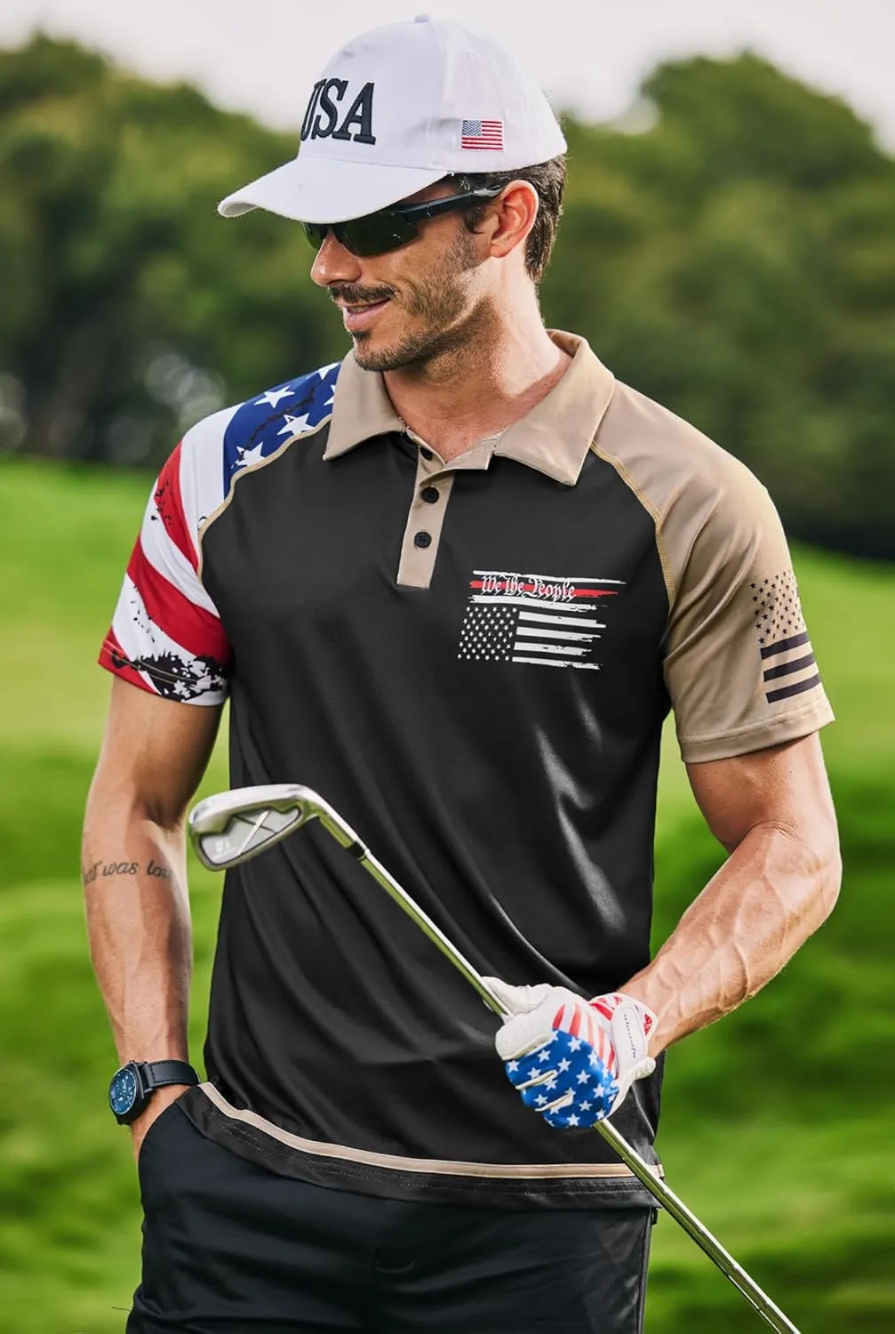 Mainfini Men's Short Sleeve Golf Shirt 1776 USA Flag Graphic Button Polo Shirt (S-3XL)