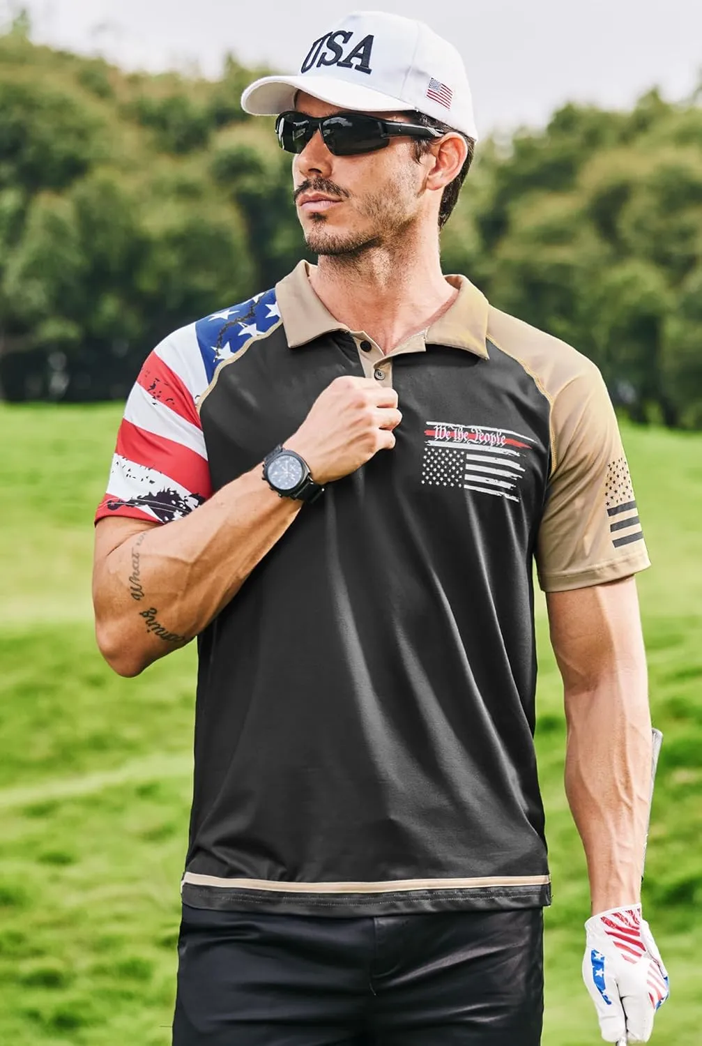 Mainfini Men's Short Sleeve Golf Shirt 1776 USA Flag Graphic Button Polo Shirt (S-3XL)