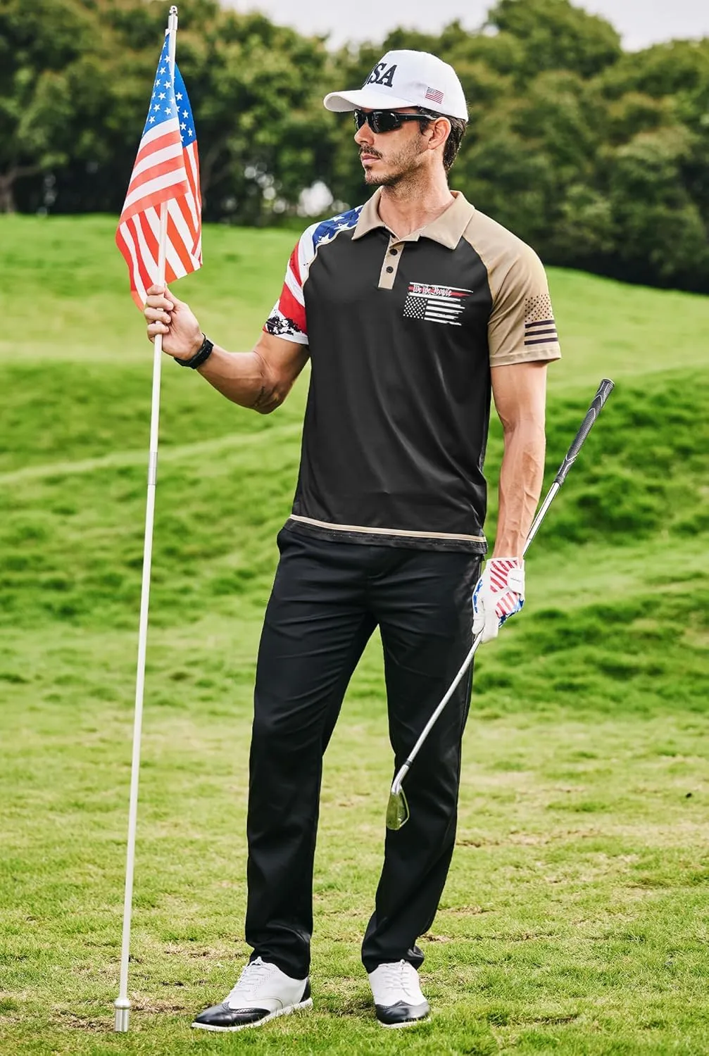 Mainfini Men's Short Sleeve Golf Shirt 1776 USA Flag Graphic Button Polo Shirt (S-3XL)