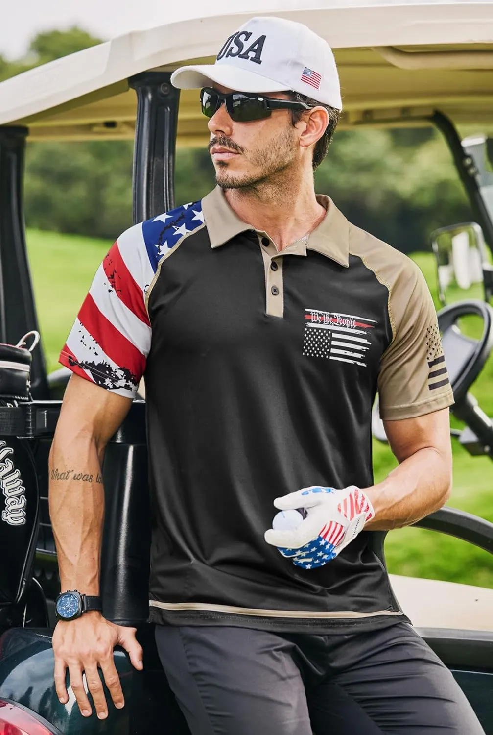 Mainfini Men's Short Sleeve Golf Shirt 1776 USA Flag Graphic Button Polo Shirt (S-3XL)
