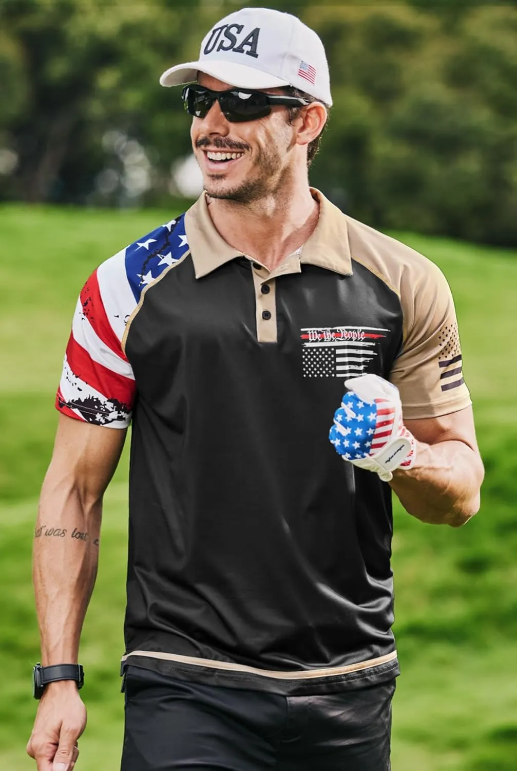 Mainfini Men's Short Sleeve Golf Shirt 1776 USA Flag Graphic Button Polo Shirt (S-3XL)