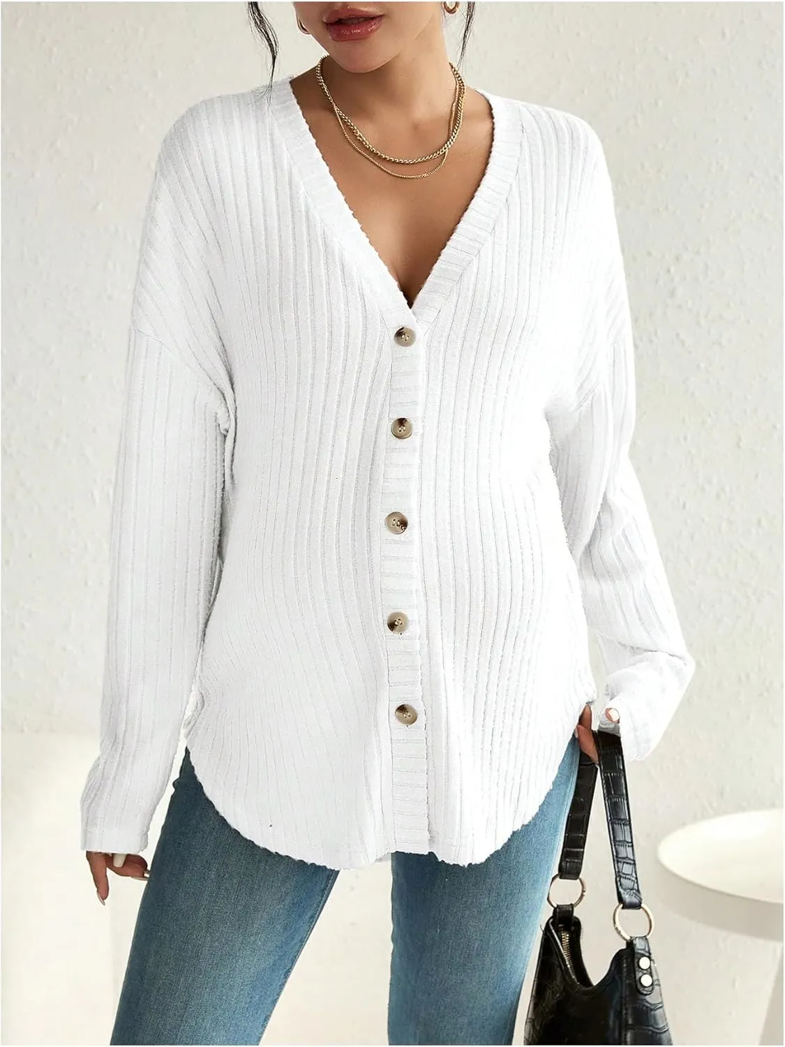 MakeMeChic Women's Maternity Long Sleeve Shirt Knit Nursing Tee Tops Button Down Shirt