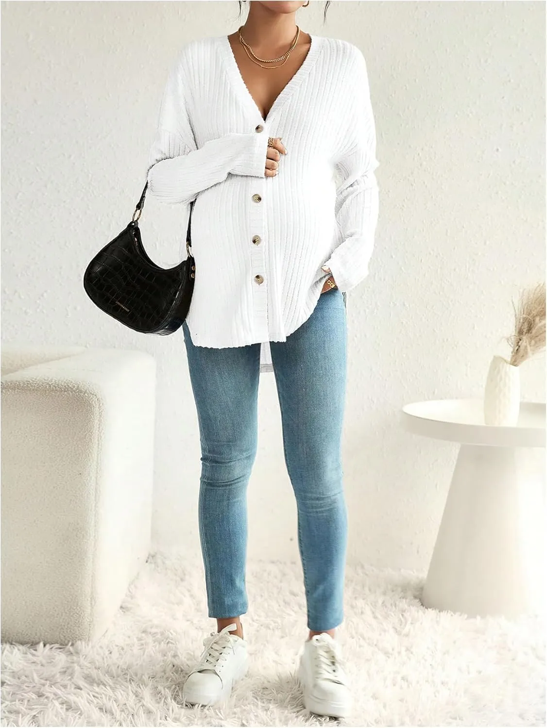 MakeMeChic Women's Maternity Long Sleeve Shirt Knit Nursing Tee Tops Button Down Shirt