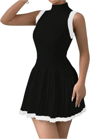 MakeMeChic Women's Mock Neck Sleeveless Sweater Dress Knit Crochet Mini Dress