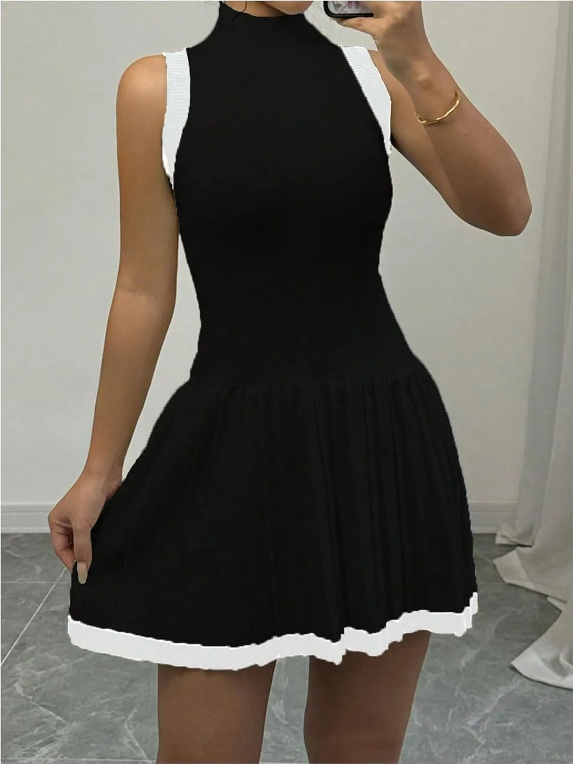 MakeMeChic Women's Mock Neck Sleeveless Sweater Dress Knit Crochet Mini Dress