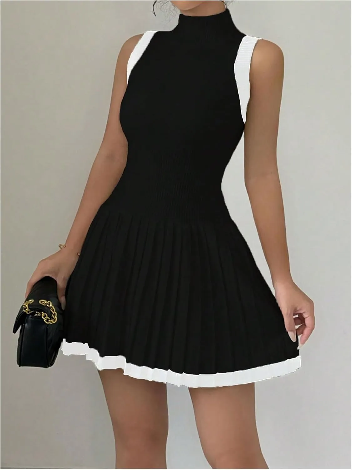 MakeMeChic Women's Mock Neck Sleeveless Sweater Dress Knit Crochet Mini Dress