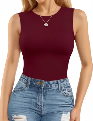 MANGOPOP Sleeveless Bodysuits for Women Crew Neck Tank Top Body Suit Basic Slim Fit Bodysuit Tops