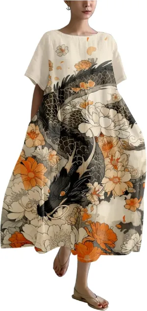 MARSVOVO Novelty Japanese Art Style Print Dress for Women Plus Size Short Sleeve Crewneck A-line Women Dress