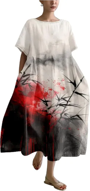 MARSVOVO Novelty Japanese Art Style Print Dress for Women Plus Size Short Sleeve Crewneck A-line Women Dress