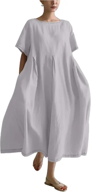 MARSVOVO Retro Linen Dress for Women 2024 Plus Size Oil Painting Bohemia Floral Flowy Oversized Loose Fit Beach Dresses