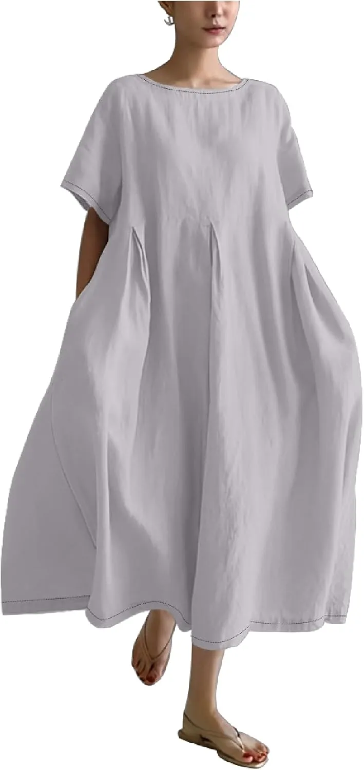 MARSVOVO Retro Linen Dress for Women 2024 Plus Size Oil Painting Bohemia Floral Flowy Oversized Loose Fit Beach Dresses