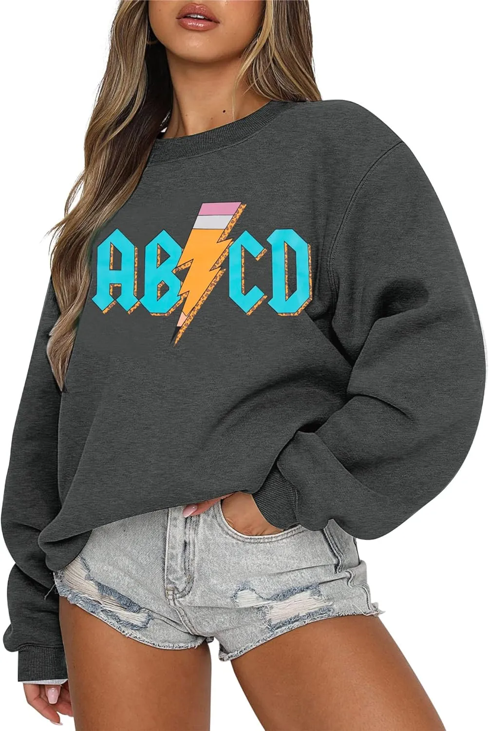 MAXIMGR Teacher Sweatshirt Women Oversized Rock'n Roll Sweatshirt ABCD Alphabet Graphic Back to School Pullover Top