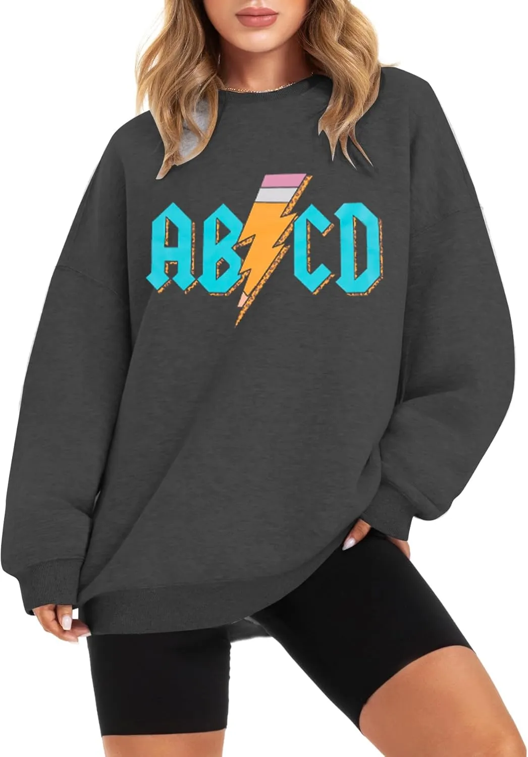 MAXIMGR Teacher Sweatshirt Women Oversized Rock'n Roll Sweatshirt ABCD Alphabet Graphic Back to School Pullover Top