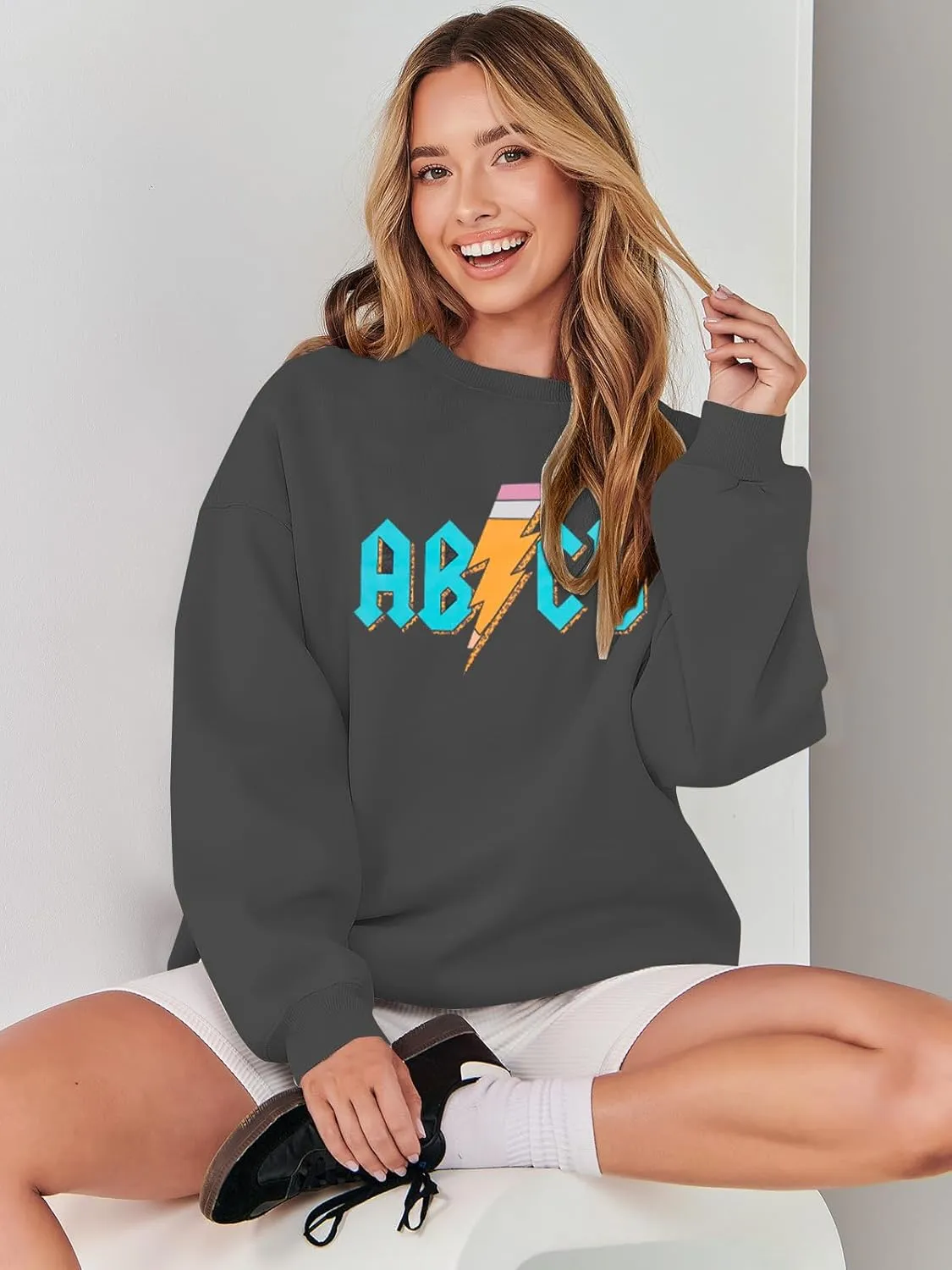 MAXIMGR Teacher Sweatshirt Women Oversized Rock'n Roll Sweatshirt ABCD Alphabet Graphic Back to School Pullover Top